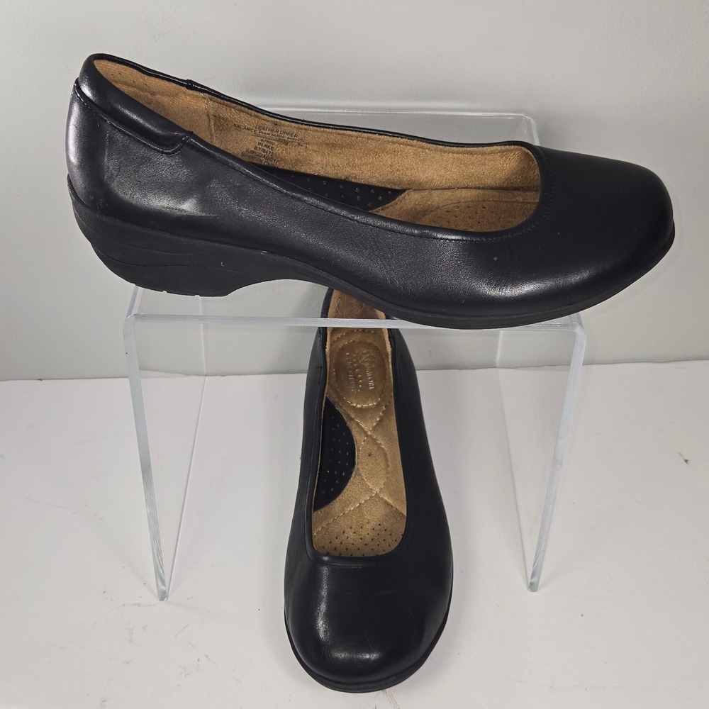 I love Comfort Blake Black Leather Ballet Flats Memo-Tech Wedge Womens 10W